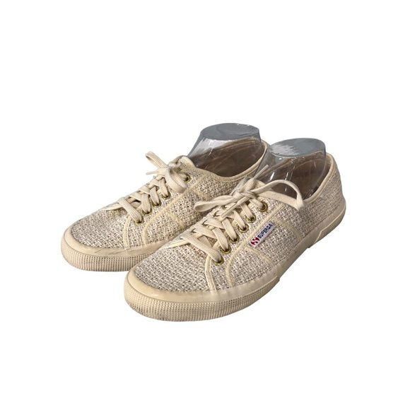 Superga 2750 Woven Plimsoll Trainers Womens 41 Round Toe Lace Up Cream Fabric - Picture 1 of 11